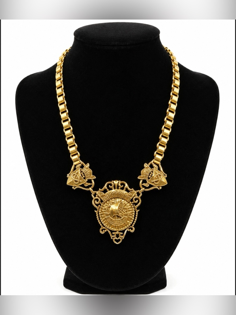 Coro RARE Matte Gold Tone Amulet Necklace Choker Bib Ornate Nautical Vintage